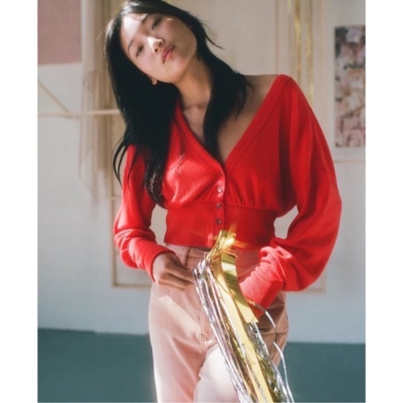 Urban Outfitters Red Farley Button Up Top Cropped Cardigan Sz S - Picture 2 of 11